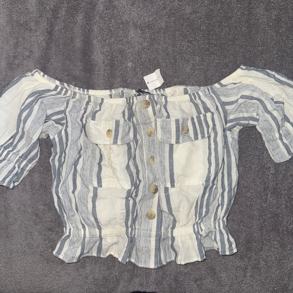 American Eagle Outfitters Off-Shoulder Blue and White Blouse